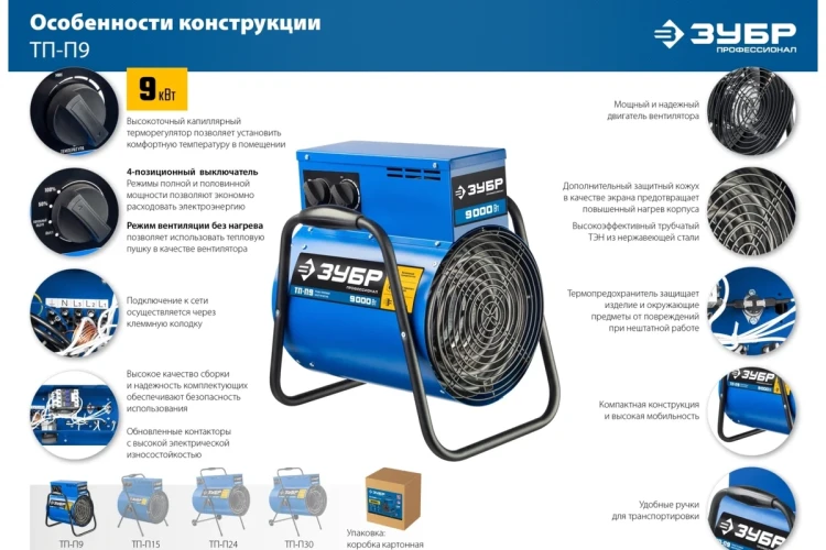 ЗУБР 9 кВт, электрическая тепловая пушка, Профессионал (ТП-П9) купить в Ханты-Мансийске