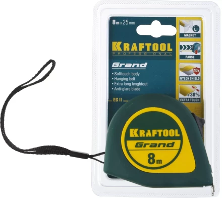 Рулетка KRAFTOOL GRAND, обрезиненный пластиковый корпус, 8м/25мм 34022-08-25 купить в Ханты-Мансийске