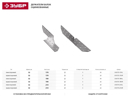 Держатель балки ЗУБР &quot;МАСТЕР&quot; левосторонний, 32х190мм, 20шт 310175-190-L купить в Ханты-Мансийске