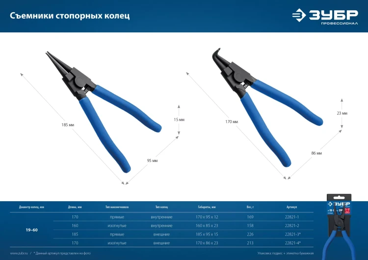 ЗУБР 180 мм, прямые губки, внутренний съемник стопорных колец, Профессионал (22821-1) купить в Ханты-Мансийске