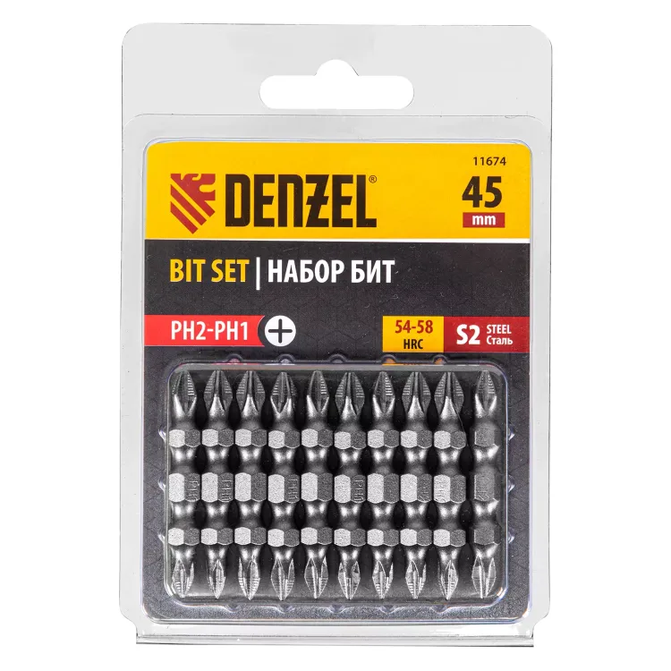 Бита двухсторонняя, PH2-PH1 х 45 мм, сталь S2, 10 шт. Denzel 11674 купить в Ханты-Мансийске