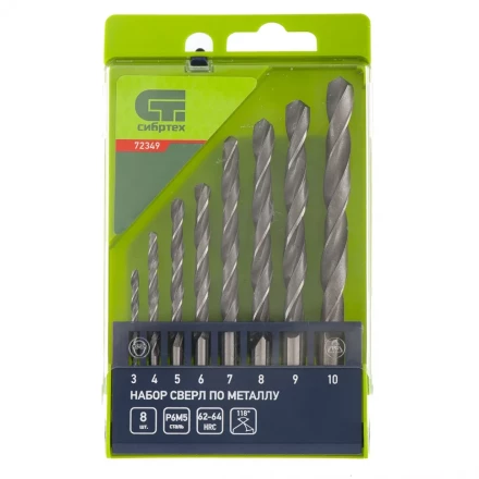 Набор сверл по металлу 3-10 мм 8 штук Р6М5 пластиковый кейс СИБРТЕХ артикул 72349 купить в Ханты-Мансийске