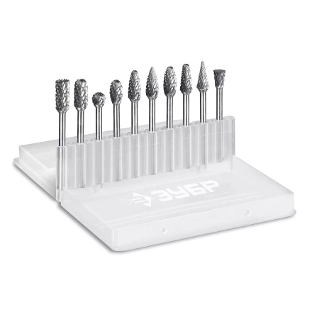 Зубр Набор твердосплавных борфрез для гравера, 10 шт.: 6 мм: B0616, C0616, D0605, E0610, F0618, G0618, H0618, L0616, M0618, N0608 (28816-H10) купить в Ханты-Мансийске