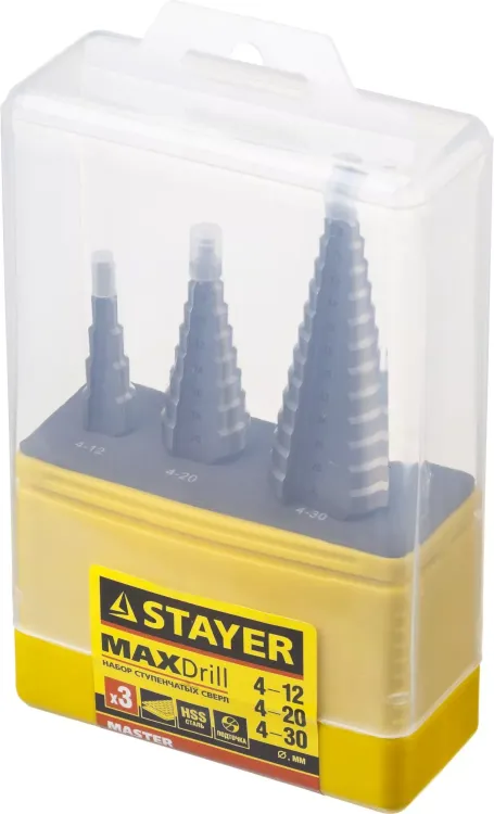 Набор STAYER "MASTER": Ступенчатые сверла по сталям и цвет.мет., сталь HSS, d=4-12мм,5 ступ. d 4-20 мм 9 ступ., d 4-30мм 14ступ. 29660-4-30-H3 купить в Ханты-Мансийске