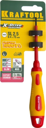 Отвертка KRAFTOOL, высоковольтная, Cr-Mo-V стержень, двухкомпонент. маслобензостойкая рукоятка, SL, 2,5х75мм 250083-2.5-075 купить в Ханты-Мансийске