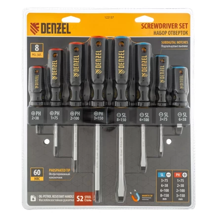 Набор отверток на полке Denzel, 8 шт., PH+SL, S2, 3к рукоятка, 122137 купить в Ханты-Мансийске