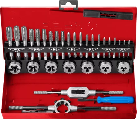 Набор ЗУБР &quot;ЭКСПЕРТ&quot; с метал.реж. инстр., метчики комплект. из 3-х штук и плашки М3-М12, оснастка-в метал.боксе, 32пред. 28129-H32 купить в Ханты-Мансийске