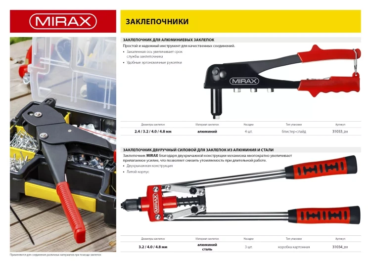 Заклепочник, MIRAX 31033, для алюминиевых заклепок d=2,4 / 3,2 / 4,0 / 4,8 мм, длина 225мм 31033_z01 купить в Ханты-Мансийске