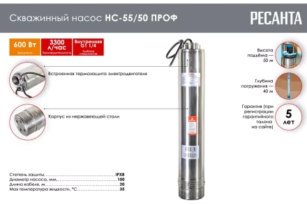 Скважинный насос Ресанта НС-55/50 ПРОФ 77/3/1 купить в Ханты-Мансийске