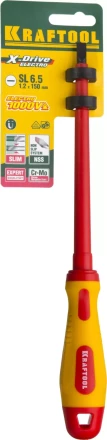 Отвертка KRAFTOOL, высоковольтная, Cr-Mo-V стержень, двухкомпонент. маслобензостойкая рукоятка, SL, 6,5х150мм 250083-6.5-150 купить в Ханты-Мансийске