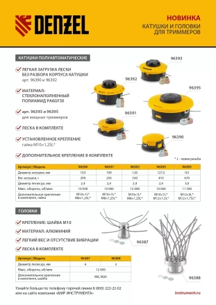 Катушка триммер. полуавтомат., гайка М10, М10, М12, лев. шаг 1,25 1,5 1,5мм Denzel 96393 купить в Ханты-Мансийске