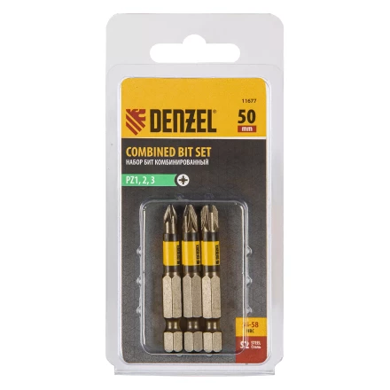 Набор бит комбинированный 3 шт., PZ1, PZ2, PZ3, 50 мм, сталь S2 Denzel 11677 купить в Ханты-Мансийске