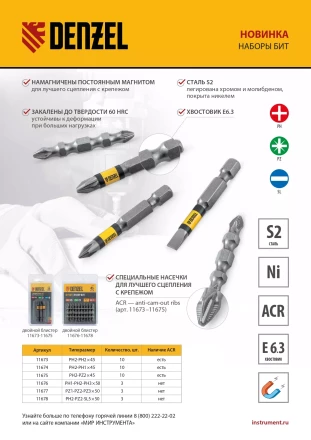 Набор бит комбинированный 3 шт., PZ1, PZ2, PZ3, 50 мм, сталь S2 Denzel 11677 купить в Ханты-Мансийске