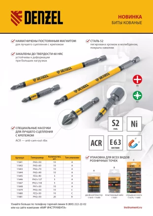 Бита PZ2х50, сталь легированная S2, 10 шт., круглый профиль, отрывная упаковка, Е 6,3 Denzel 11680 купить в Ханты-Мансийске