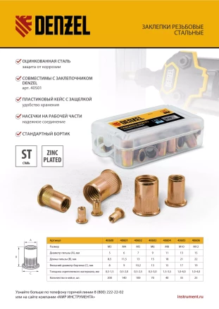 Заклепки резьбовые, стальные, оцинкованные, М6, пластиковый кейс, 70 шт. Denzel 40603 купить в Ханты-Мансийске