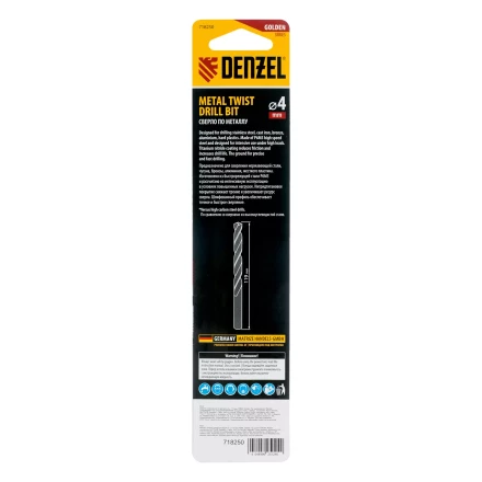 Сверло спиральное по металлу 4 х 119 мм, Р6М5, Golden Tip, удлиненное Denzel 718250 купить в Ханты-Мансийске