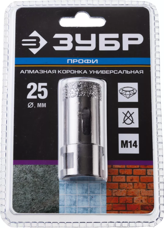 Алмазная коронка ЗУБР "ПРОФЕССИОНАЛ" универсальная для УШМ, сухое сверление, алмазы на вакуумной пайке,  посадка М14, d=25мм 29865-25 купить в Ханты-Мансийске