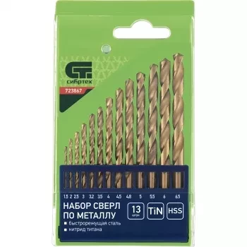 Набор нитридтитан. сверл по металлу 1,5-6,5мм через 0,5мм+3,2мм 4,8мм НSS,13 штук СИБРТЕХ 723867 купить в Ханты-Мансийске