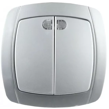 Выключатель СВЕТОЗАР &quot;АКЦЕНТ&quot; двухклавишный в сборе, с подсветкой, цвет серебристый металлик, 10А/~250В SV-54235-SM купить в Ханты-Мансийске