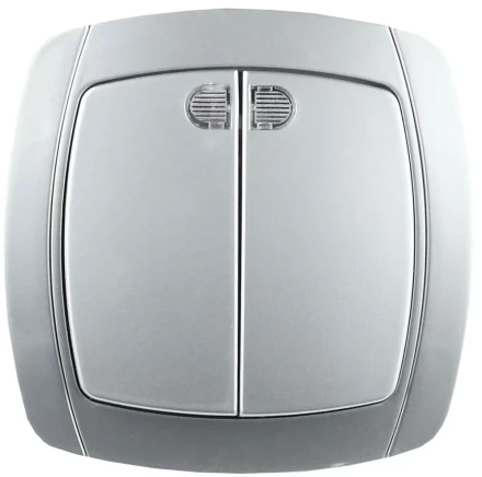 Выключатель СВЕТОЗАР &quot;АКЦЕНТ&quot; двухклавишный в сборе, с подсветкой, цвет серебристый металлик, 10А/~250В SV-54235-SM купить в Ханты-Мансийске