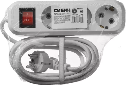 Удлинитель СИБИН электрический, ПВС сечение 0,75кв мм, 3 гнезда, макс мощн 2200Вт, 3м, заземление, выключатель 55036-3 купить в Ханты-Мансийске