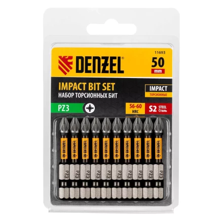 Бита IMPACT, PZ3x50 мм, лазерная обработка шлица, сталь S2, 10 шт., Е 6,3 Denzel 11693 купить в Ханты-Мансийске
