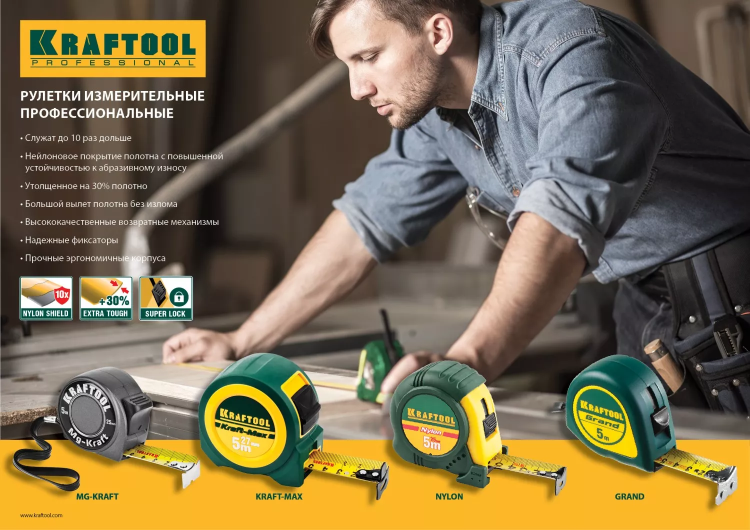 Рулетка KRAFTOOL "EXPERT" с нейлоновым покрытием, обрезин корпус, 5/19мм 34122-05-19_z01 купить в Ханты-Мансийске