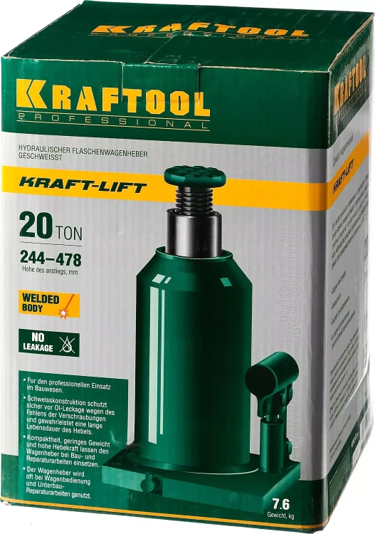 Домкрат гидравлический бутылочный "Kraft-Lift", сварной, 20т, 244-478мм, KRAFTOOL 43462-20 43462-20_z01 купить в Ханты-Мансийске