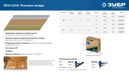 ЗУБР SN34 (D34) 83 х 3.1 мм, реечные гвозди рифленые оцинкованные, 3000 шт (305399-83) купить в Ханты-Мансийске
