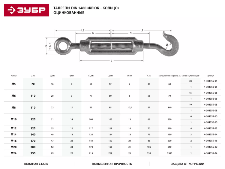 Талреп ЗУБР "ПРОФЕССИОНАЛ"  DIN 1480, крюк-кольцо, оцинкованный, кованая натяжная муфта, М14, 3 шт 4-304355-14 купить в Ханты-Мансийске