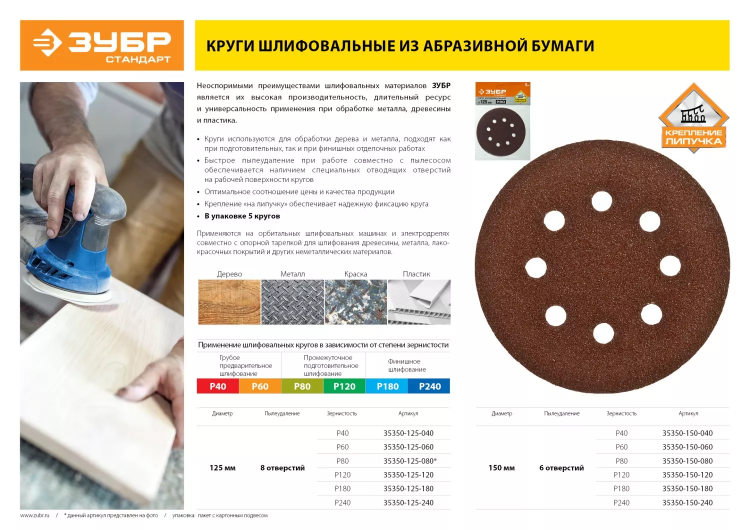 Круг шлифовальный ЗУБР "СТАНДАРТ" из абразивной бумаги на велкро основе, 8 отв., Р60, 125мм, 5шт 35350-125-060 купить в Ханты-Мансийске