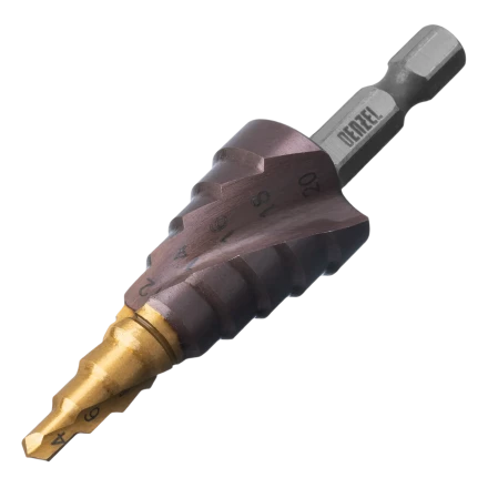 Сверло ступенчатое Denzel 723613, 4-6-8-10-12-14-16-18-20 мм, Р6М5К5, 6-гр. хвостовик купить в Ханты-Мансийске