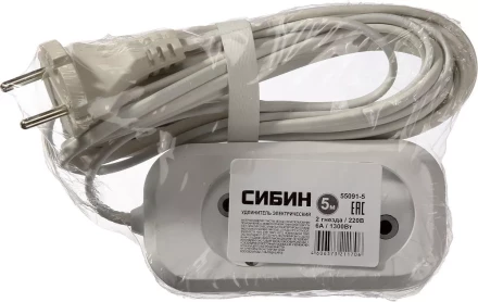 Удлинитель СИБИН электрический, ШВВП сечение 0,75кв мм, 2 гнезда, макс мощн 1300Вт, 5м 55091-5 купить в Ханты-Мансийске