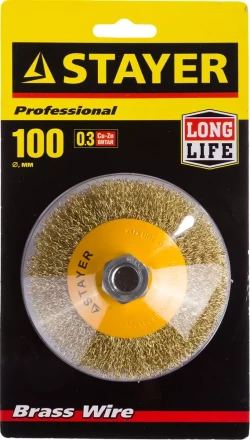 STAYER "PROFESSIONAL". Щетка коническая для УШМ, витая стальная латунированная проволока 0,3мм, 100ммхМ14 35133-100 купить в Ханты-Мансийске