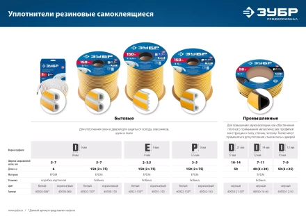 ЗУБР 150 м, P-профиль, размер 9 х 5.5 мм, белый, самоклеящийся резиновый уплотнитель, Профессионал (40922-150) купить в Ханты-Мансийске
