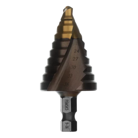 Сверло ступенчатое Denzel 723615, 9-12-15-18-21-24-27-30-33-36 мм, Р6М5К5, 6-гр. хвостовик купить в Ханты-Мансийске