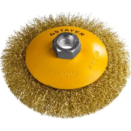 STAYER "PROFESSIONAL". Щетка коническая для УШМ, витая стальная латунированная проволока 0,3мм, 115ммхМ14 35133-115 купить в Ханты-Мансийске