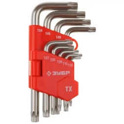 Набор ЗУБР Ключи "МАСТЕР" имбусовые короткие, Cr-V, сатинированное покрытие, пластик. держатель, TORX Т10-Т50, 9 пред 27462-1_z02