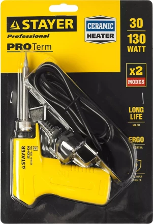 Паяльник с пистолетной пластмассовой рукояткой, STAYER &quot;PROFI&quot; PROTerm, 55308-130, 30 - 130 Вт, с керамическим нагревательным элементом 55308-130 купить в Ханты-Мансийске