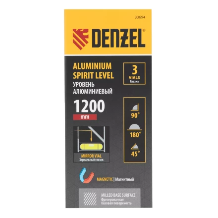 Уровень алюминиевый Denzel 33694, магнит, фрезерованный, 3 глазка (1 зеркал.), 0,5 мм/м, 1200 мм купить в Ханты-Мансийске