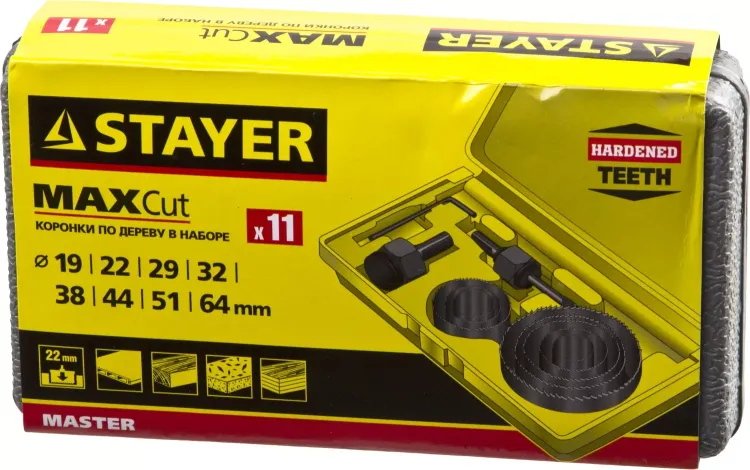 Набор STAYER "MASTER": Коронки по дереву, d=11, 22, 29, 32, 35, 38, 44, 51, 64мм, 11шт 29600-H11 купить в Ханты-Мансийске