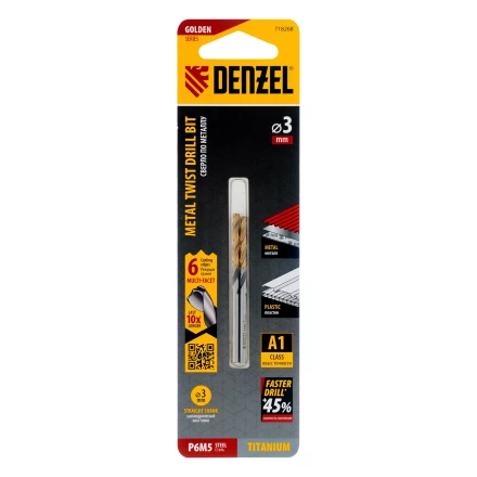 Сверло спиральное по металлу Denzel 3 x 61мм, Р6М5, Golden Tip, многогранная заточка, 2шт., 718268 купить в Ханты-Мансийске
