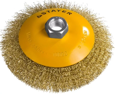 STAYER "PROFESSIONAL". Щетка коническая для УШМ, витая стальная латунированная проволока 0,3мм, 125ммхМ14 35133-125 купить в Ханты-Мансийске