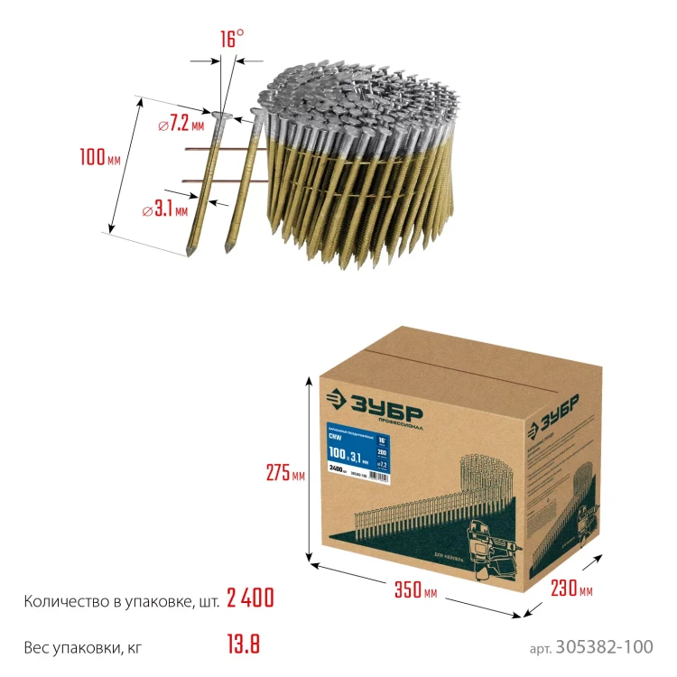 ЗУБР CNW 100 х 3.1 мм, барабанные гвозди рифленые, 2400 шт (305382-100) купить в Ханты-Мансийске