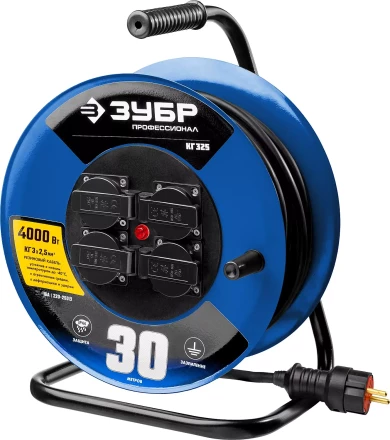 Удлинитель на катушке &quot;КГ 325&quot;, 30 м, 4000 Вт, 4 гнезда, IP44, КГ 3х2,5 кв мм, ЗУБР 55079-30 купить в Ханты-Мансийске
