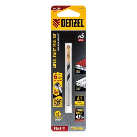 Сверло спиральное по металлу Denzel 5 x 86мм, Р6М5, Golden Tip, многогранная заточка, 718276 купить в Ханты-Мансийске