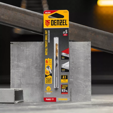 Сверло спиральное по металлу Denzel 5 x 86мм, Р6М5, Golden Tip, многогранная заточка, 718276 купить в Ханты-Мансийске