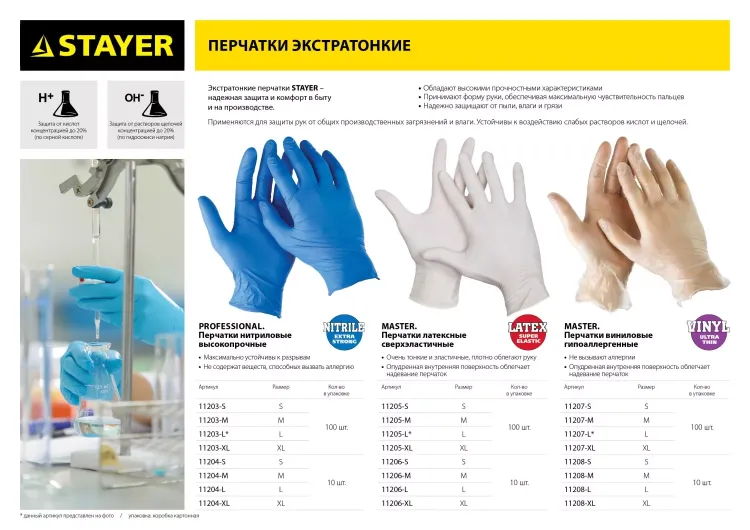 Перчатки STAYER "MASTER" виниловые экстратонкие, L, 100шт 11207-L купить в Ханты-Мансийске
