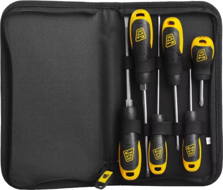 Набор JCB: Отвертки, хромомолибденовая сталь S2, двухкомпонентные рукоятки, магнитный наконечник, 7 предм, чехол JSD019 купить в Ханты-Мансийске