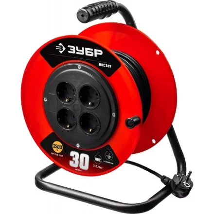 Удлинитель на катушке &quot;ПВС 307&quot;, 30 м, 2500 Вт, 4 гнезда, ПВС 3х0,75 кв мм, ЗУБР 55083-30 купить в Ханты-Мансийске
